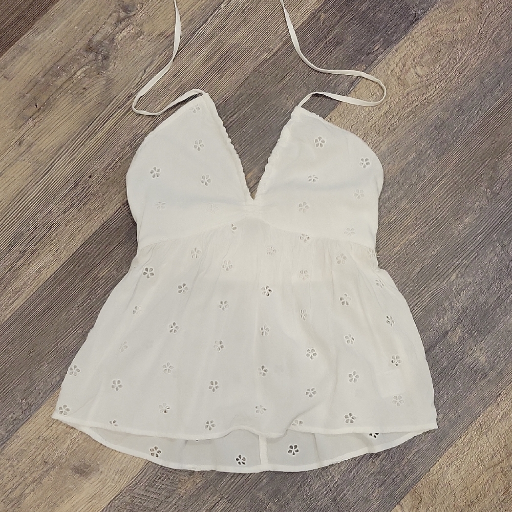 American Eagle White Eyelet Halter Top